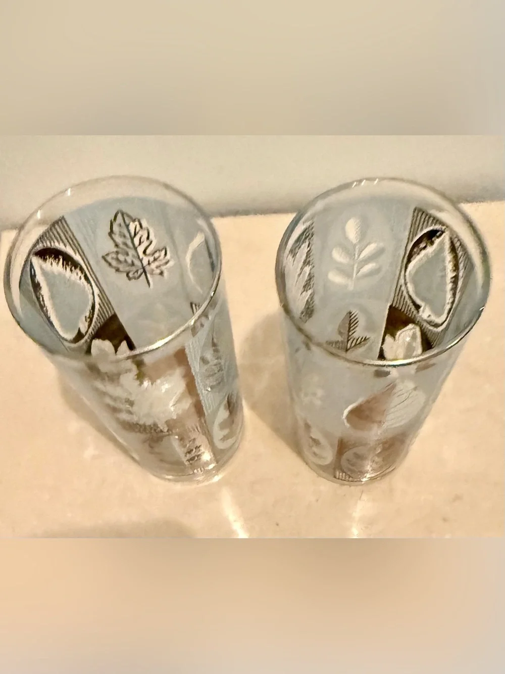 2 MCM Libbey Riviera Highball, Blue Frosted Silver Leaf Foliage Cocktail glasses